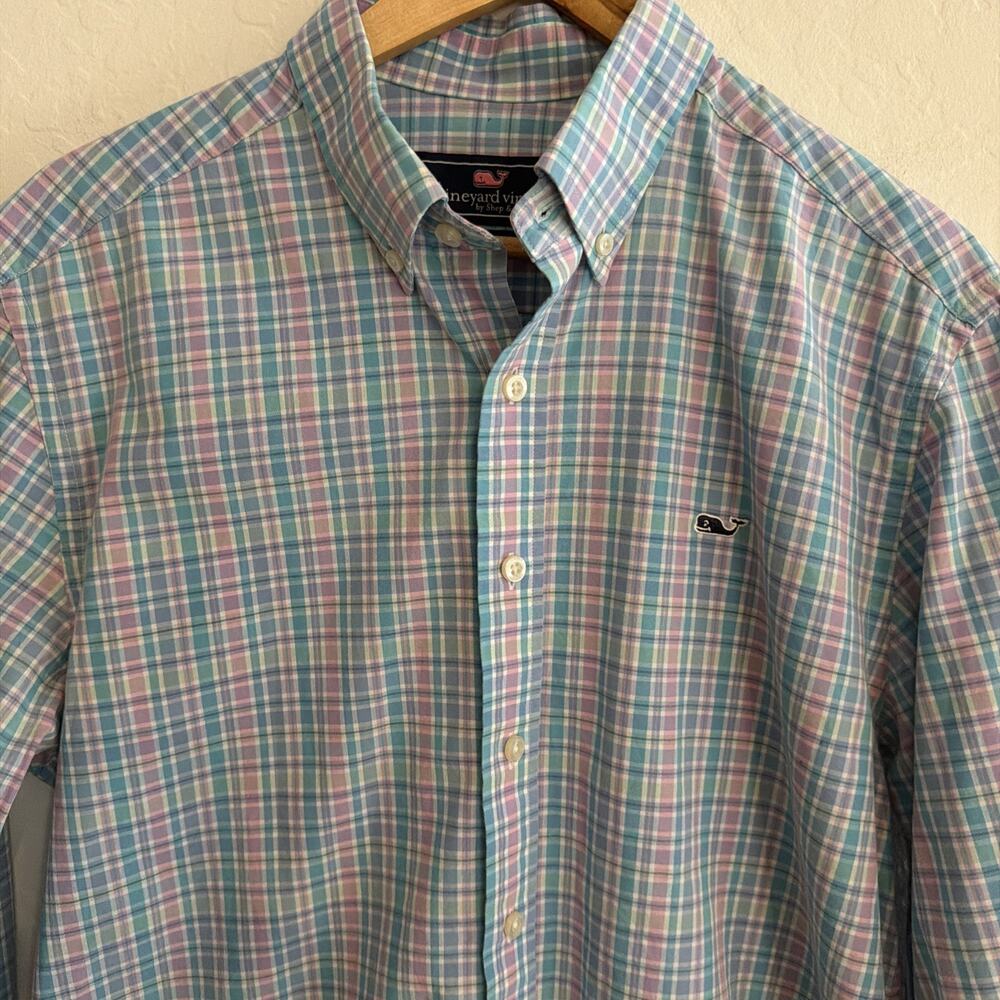 Vineyard Vines M Slim Fit Whale Shirt Button Down Plaid Pink Blue Pastels Preppy